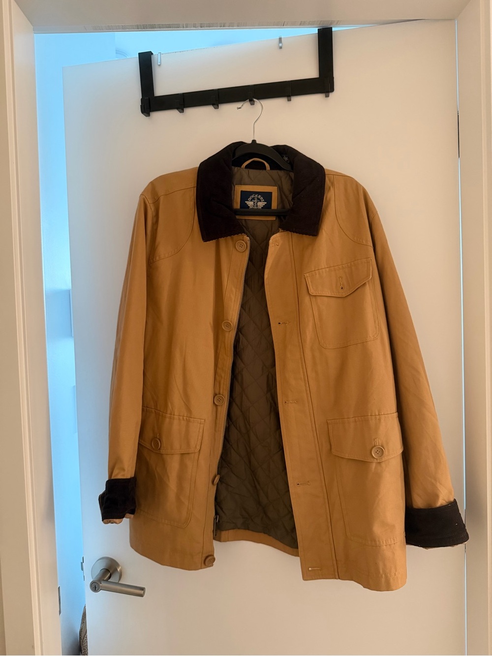 Men's Tan Barn Jacket with Dark Brown Corduroy Collar - Classic Outdoor Coat